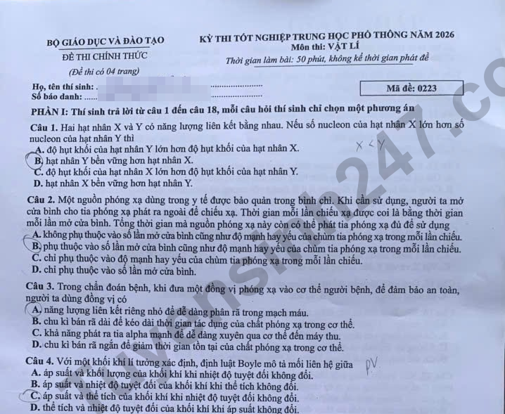 Dap an de thi tot nghiep THPT 2026 mon Ly - Ma de 0223 nhanh va chinh xac