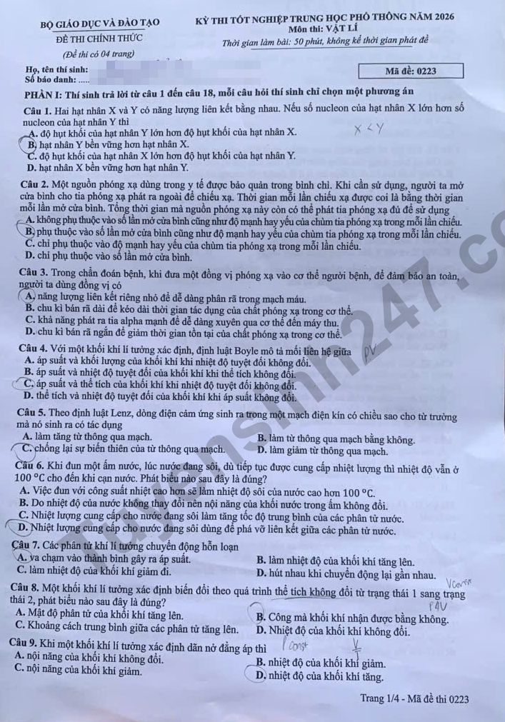 Dap an de thi tot nghiep THPT 2026 mon Ly - Ma de 0223 nhanh va chinh xac