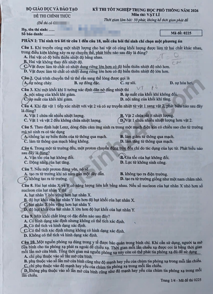 Dap an mon Ly thi tot nghiep THPT 2026 - Ma de 0225