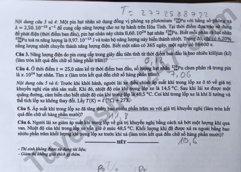 Dap an mon Ly thi tot nghiep THPT 2026 - Ma de 0225