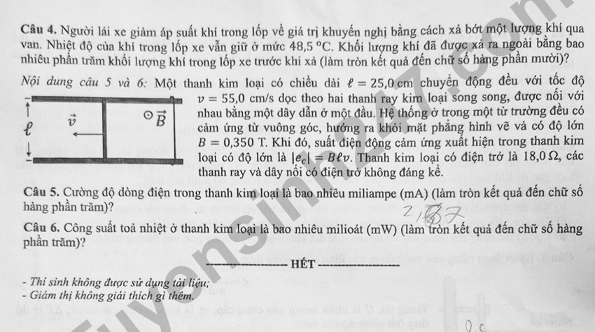 Dap an de thi tot nghiep THPT 2026 mon Ly - Ma de 0226