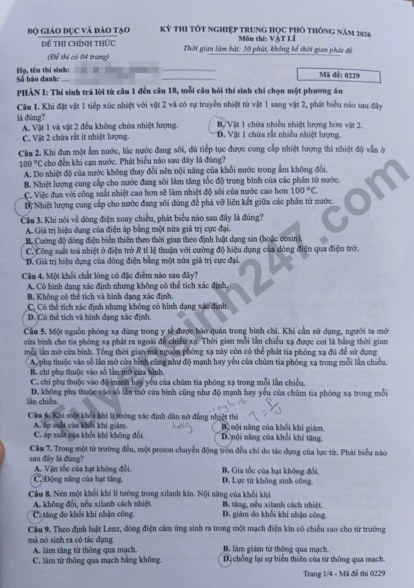De thi va dap an mon Ly tot nghiep THPT 2026 - Ma de 0229