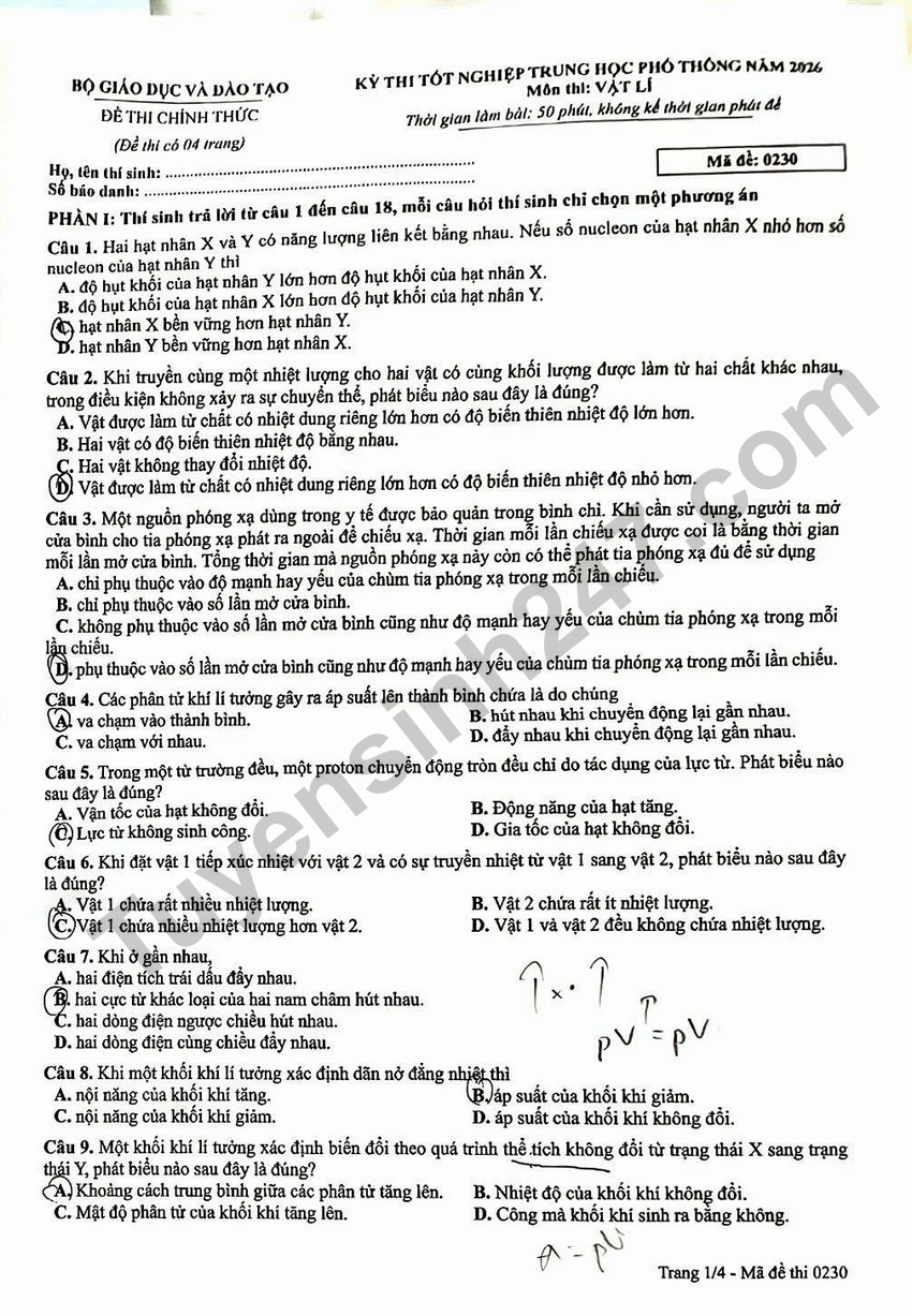 Dap an de thi tot nghiep THPT 2026 mon Ly ma de 0230 chi tiet nhat
