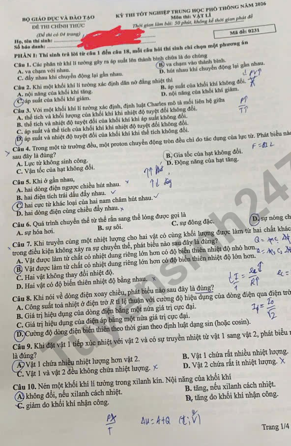 Cap nhat dap an de thi tot nghiep THPT 2026 mon Ly - Ma de 0231