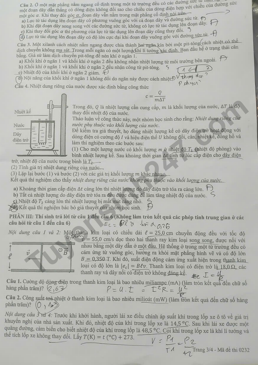 Dap an mon Ly ky thi tot nghiep THPT 2026 ma de 0232