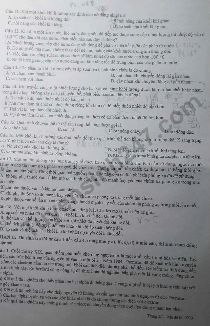 Tra cuu dap an de thi tot nghiep THPT 2026 mon Ly ma de 0233