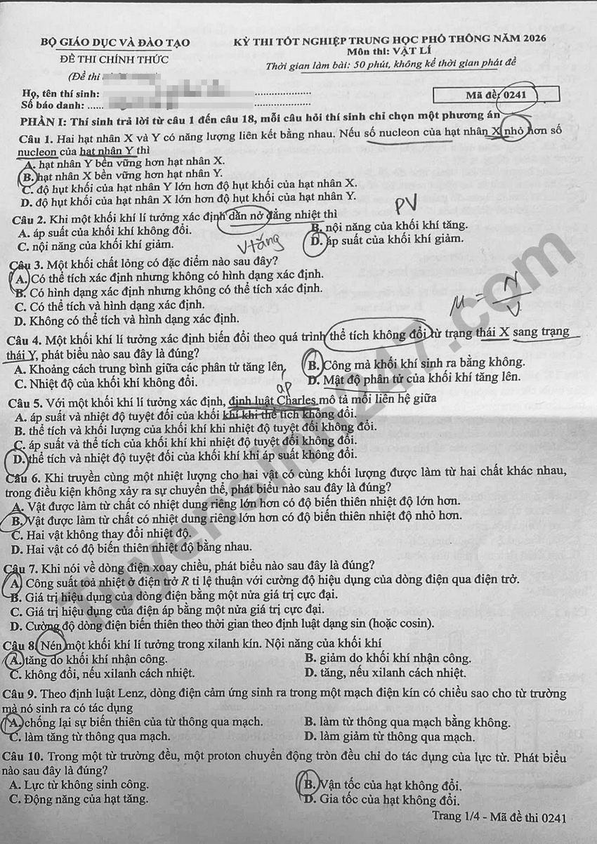 Day du dap an de thi mon Ly tot nghiep THPT 2026 - Ma de 0241