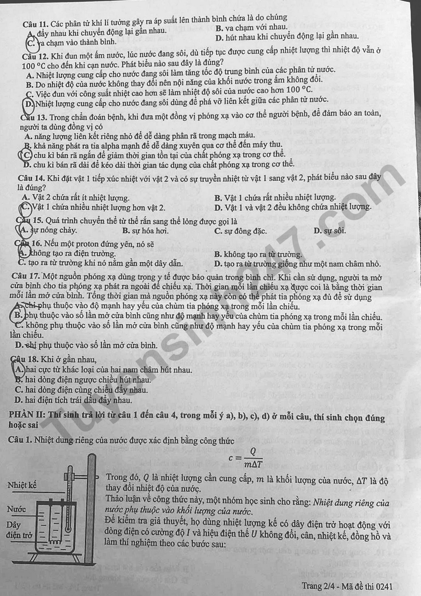 Day du dap an de thi mon Ly tot nghiep THPT 2026 - Ma de 0241