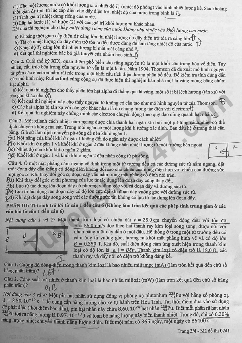 Day du dap an de thi mon Ly tot nghiep THPT 2026 - Ma de 0241
