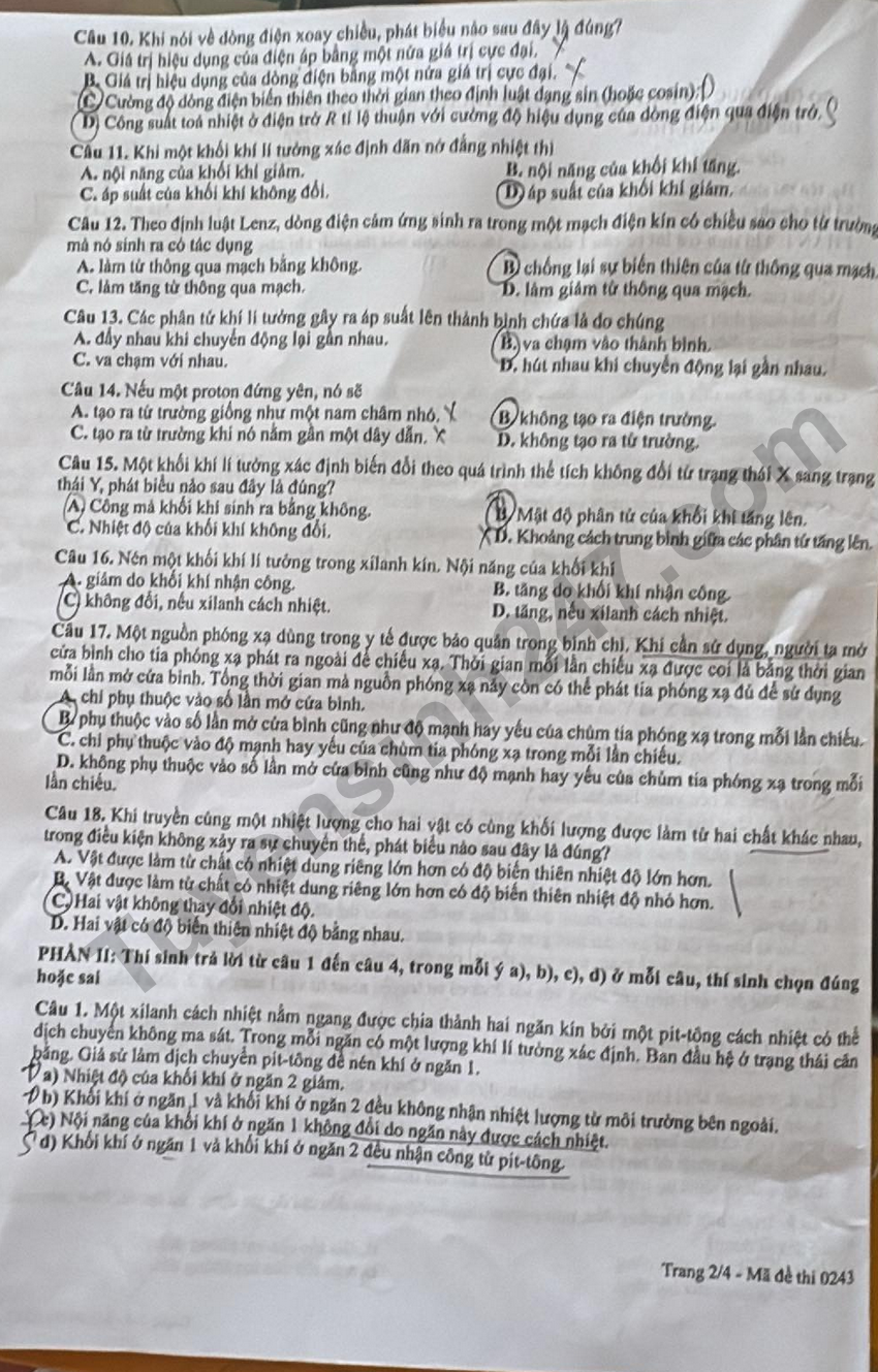 Dap an de thi tot nghiep THPT 2026 mon Ly - Ma de 0243 chi tiet
