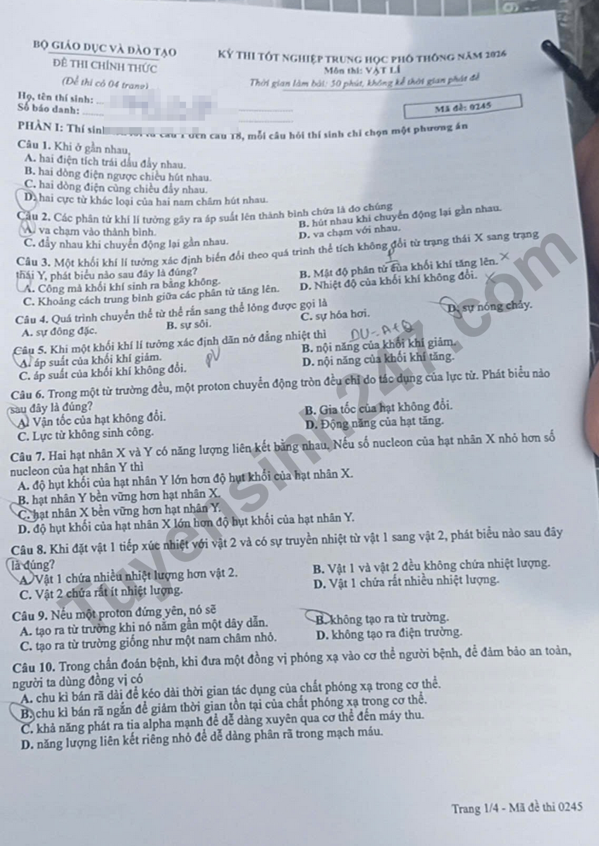 Dap an de thi tot nghiep THPT 2026 mon Ly - Ma de 0245