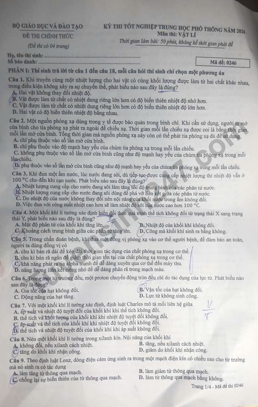 De thi va dap an de thi tot nghiep THPT 2026 mon Ly - Ma de 0246