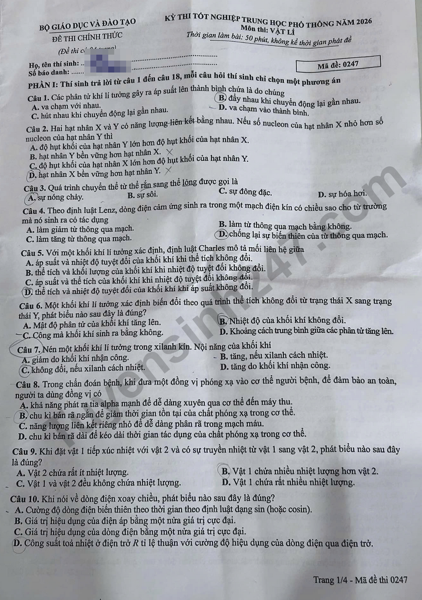 Xem dap an de thi tot nghiep THPT 2026 mon Ly - Ma de 0247