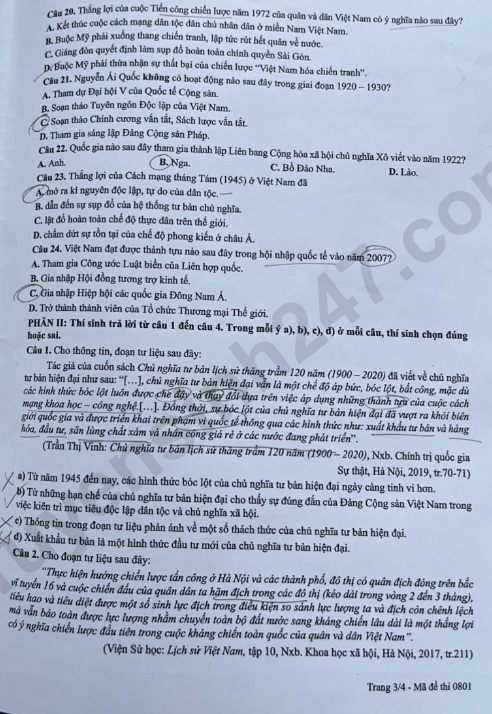 Dap an de thi tot nghiep THPT 2026 mon Su - Ma de 0801