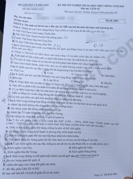 Day du dap an de thi mon Su tot nghiep THPT 2026 - Ma de 0802