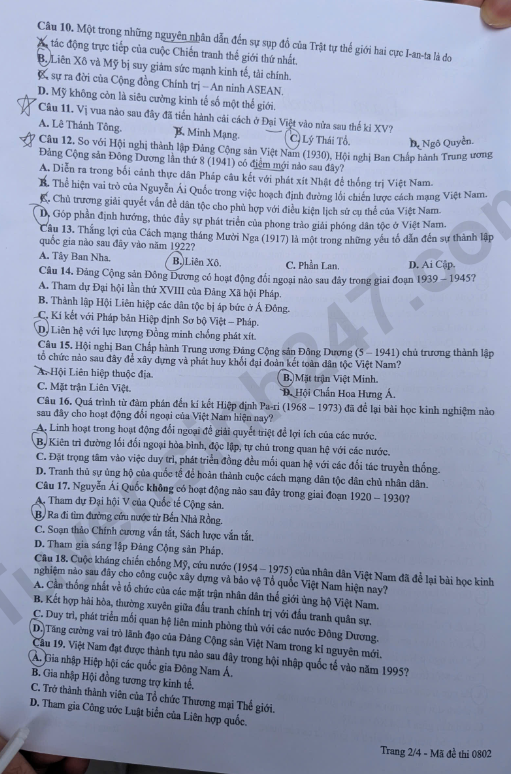Day du dap an de thi mon Su tot nghiep THPT 2026 - Ma de 0802