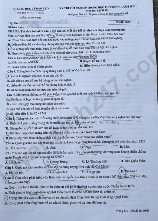 Tra cuu dap an de thi tot nghiep THPT 2026 mon Su - Ma de 0805