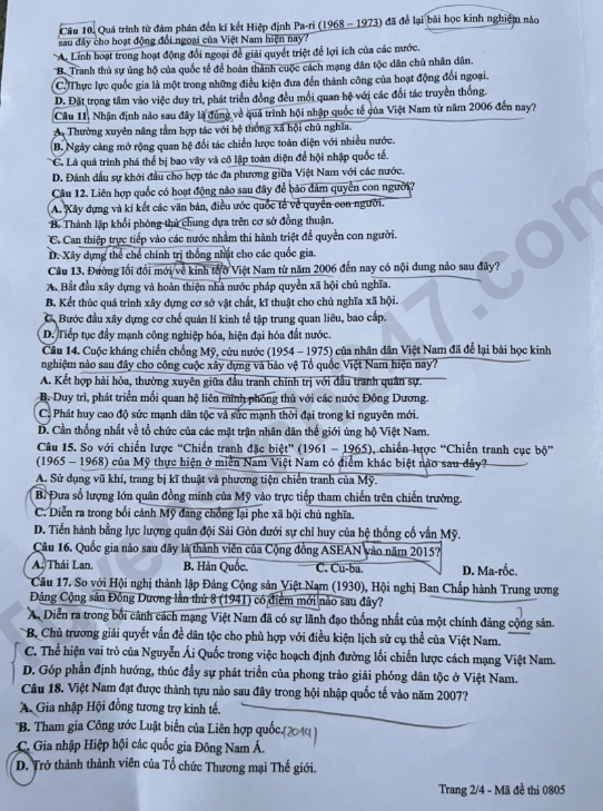 Tra cuu dap an de thi tot nghiep THPT 2026 mon Su - Ma de 0805