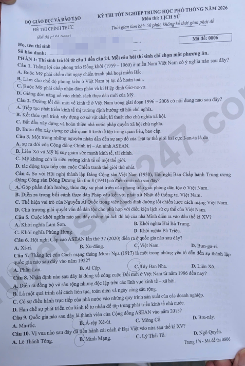 Dap an de thi tot nghiep THPT 2026 mon Su - Ma de 0806