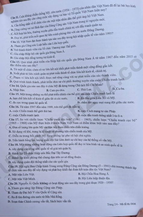 Dap an de thi tot nghiep THPT 2026 mon Su - Ma de 0806