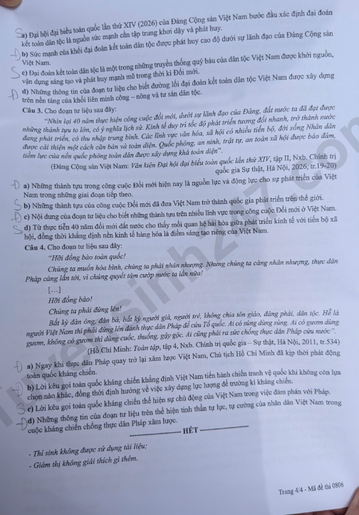 Dap an de thi tot nghiep THPT 2026 mon Su - Ma de 0806