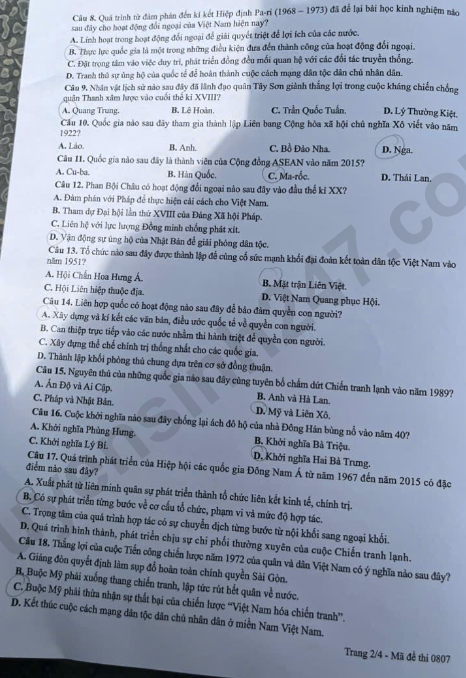 De thi va dap an de thi tot nghiep THPT 2026 mon Su - Ma de 0807