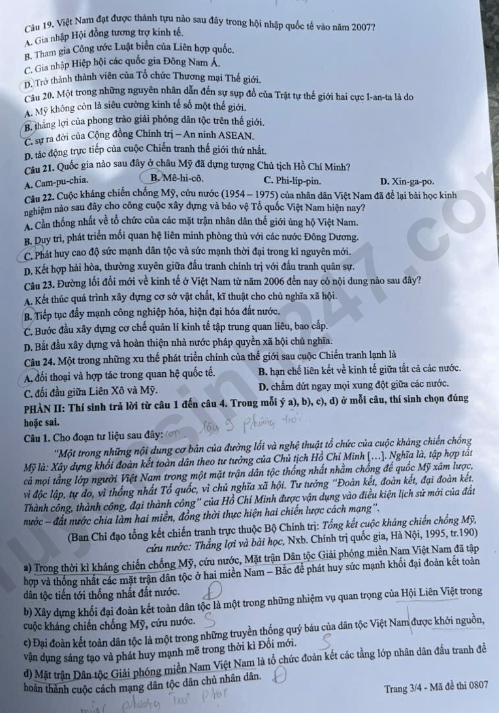 De thi va dap an de thi tot nghiep THPT 2026 mon Su - Ma de 0807