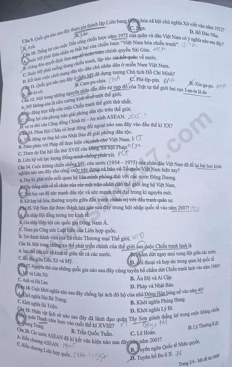 Dap an de thi mon Su - Ma de 0809 tot nghiep THPT 2026 