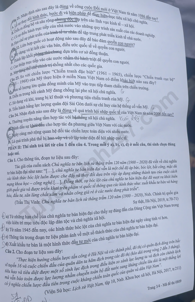Dap an de thi mon Su - Ma de 0809 tot nghiep THPT 2026 
