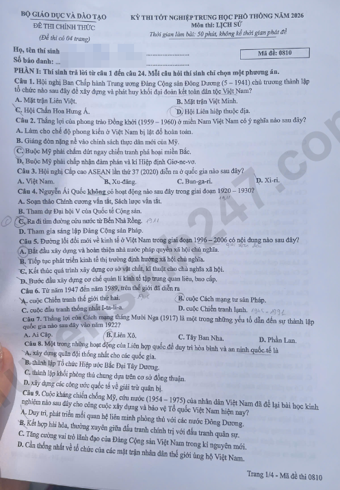 Giai chi tiet va Dap an de thi tot nghiep THPT 2026 mon Su - Ma de 0810