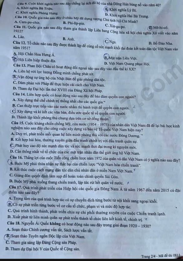 Tron bo dap an de thi tot nghiep THPT 2026 mon Su - Ma de 0813