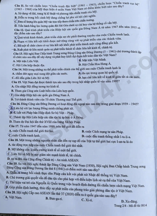 Dap an mon Su thi tot nghiep THPT 2026 - Ma de 0814