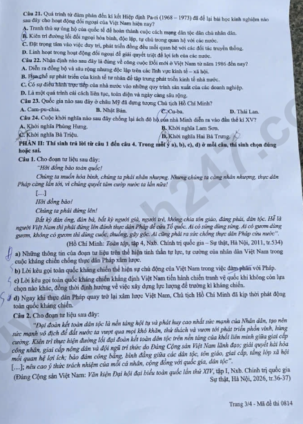 Dap an mon Su thi tot nghiep THPT 2026 - Ma de 0814
