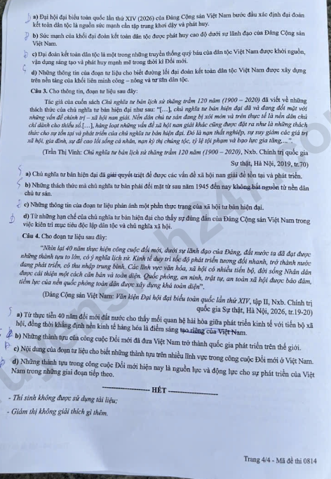 Dap an mon Su thi tot nghiep THPT 2026 - Ma de 0814