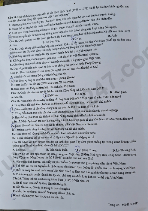 Dap an de thi tot nghiep THPT 2026 mon Su - Ma de 0815