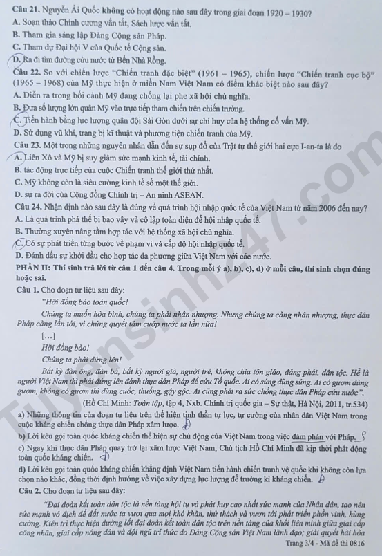 Xem dap an de thi tot nghiep THPT 2026 mon Su ma de 0816