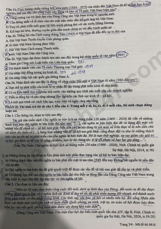 De thi va dap an mon Su tot nghiep THPT 2026 - Ma de 0818