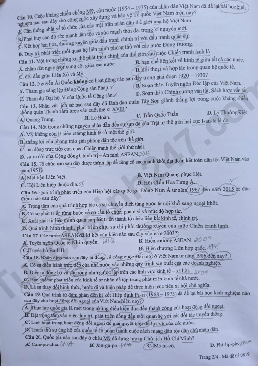 Dap an de thi tot nghiep THPT 2026 mon Su ma de 0819 chi tiet nhat