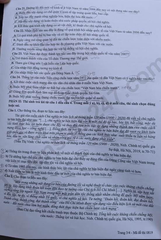 Dap an de thi tot nghiep THPT 2026 mon Su ma de 0819 chi tiet nhat