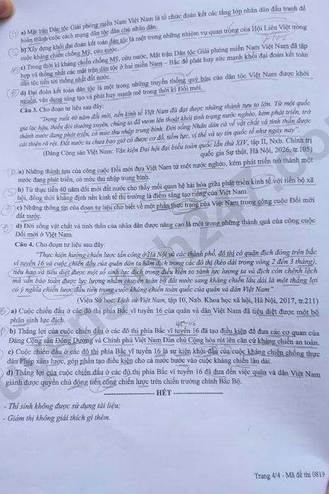 Dap an de thi tot nghiep THPT 2026 mon Su ma de 0819 chi tiet nhat