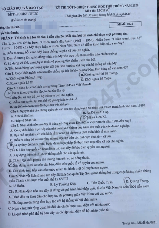 Dap an mon Su ky thi tot nghiep THPT 2026 ma de 0821