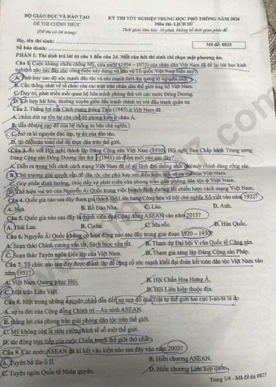 Dap an de thi tot nghiep THPT 2026 mon Su - Ma de 0825