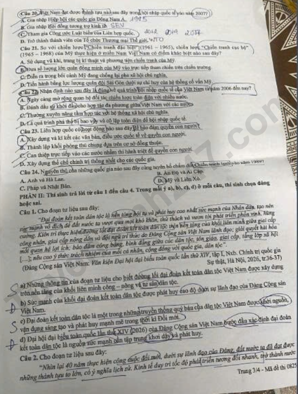 Dap an de thi tot nghiep THPT 2026 mon Su - Ma de 0825