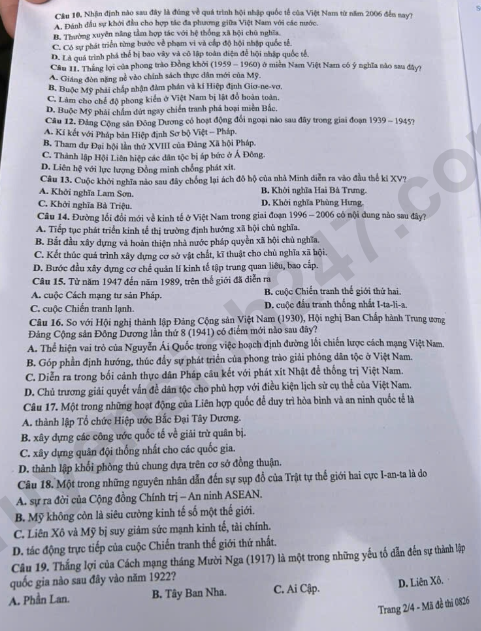 Day du dap an de thi mon Su tot nghiep THPT 2026 - Ma de 0826