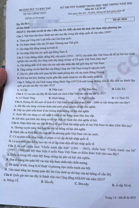 Dap an de thi tot nghiep THPT 2026 mon Su - Ma de 0828 chi tiet