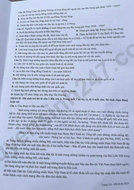 Dap an de thi tot nghiep THPT 2026 mon Su - Ma de 0828 chi tiet
