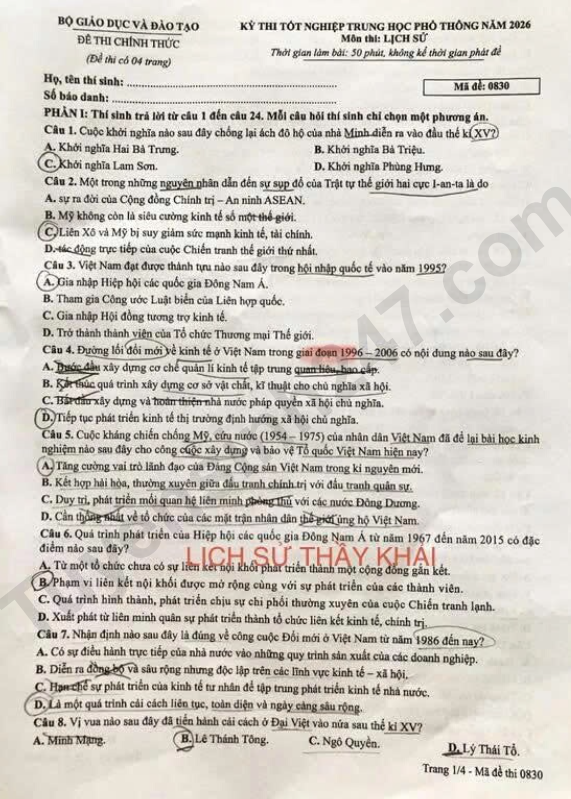 Dap an de thi tot nghiep THPT 2026 mon Su - Ma de 0830