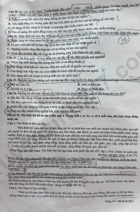De thi va dap an de thi tot nghiep THPT 2026 mon Su - Ma de 0831