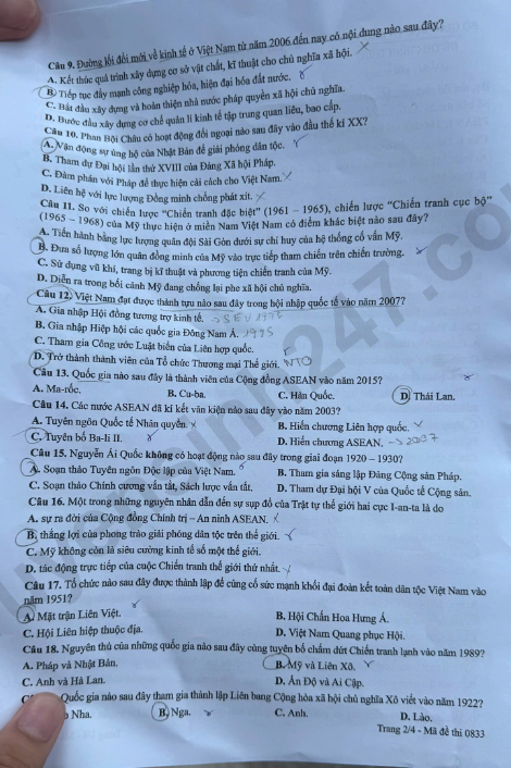 Dap an de thi mon Su - Ma de 0833 tot nghiep THPT 2026