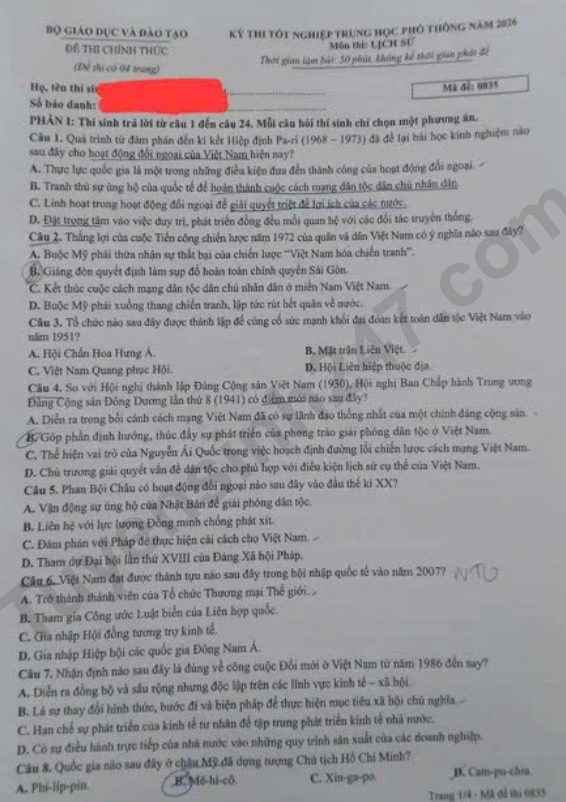 Dap an de thi tot nghiep THPT 2026 mon Su - Ma de 0835